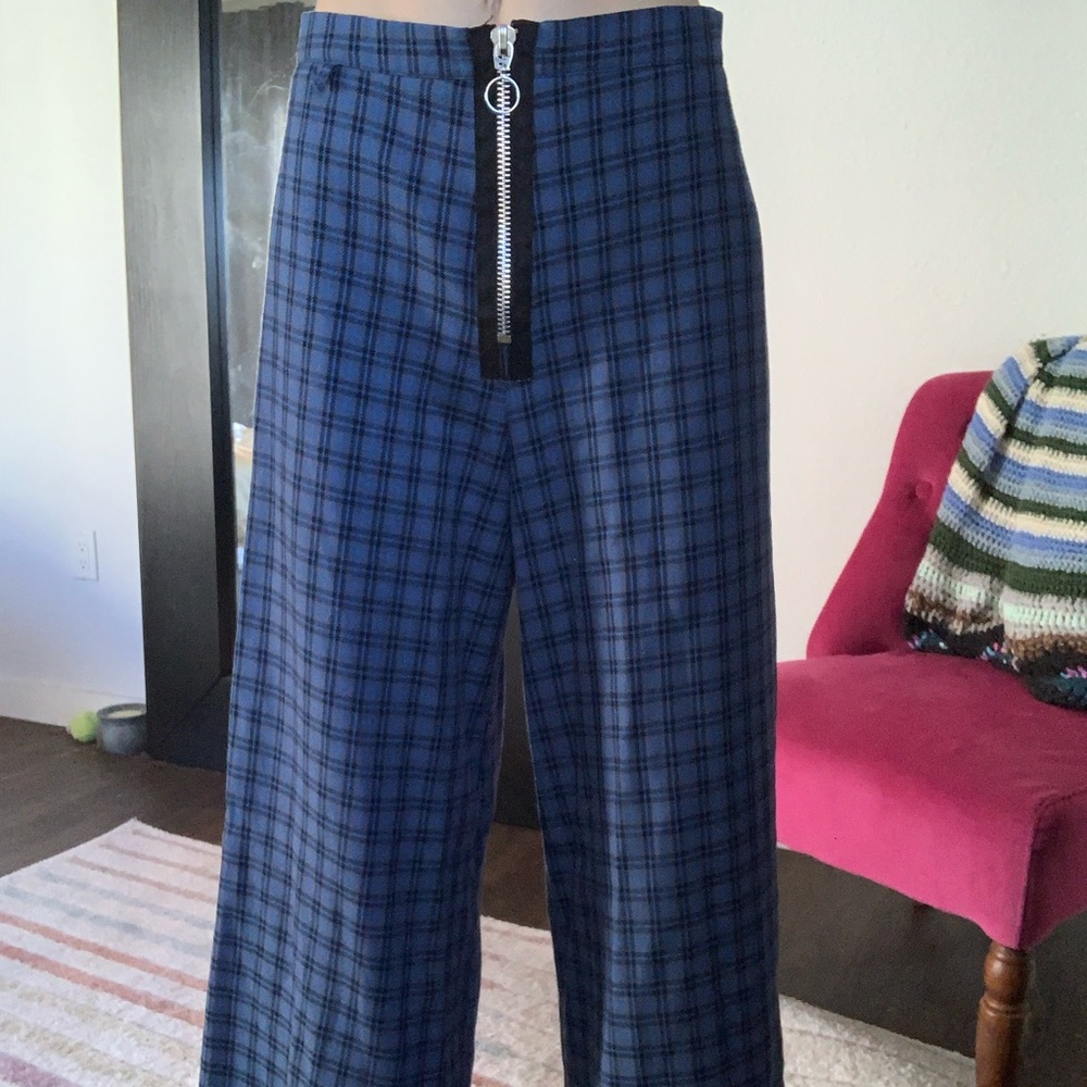 The ragged priest Blue plaid flare pants wide leg